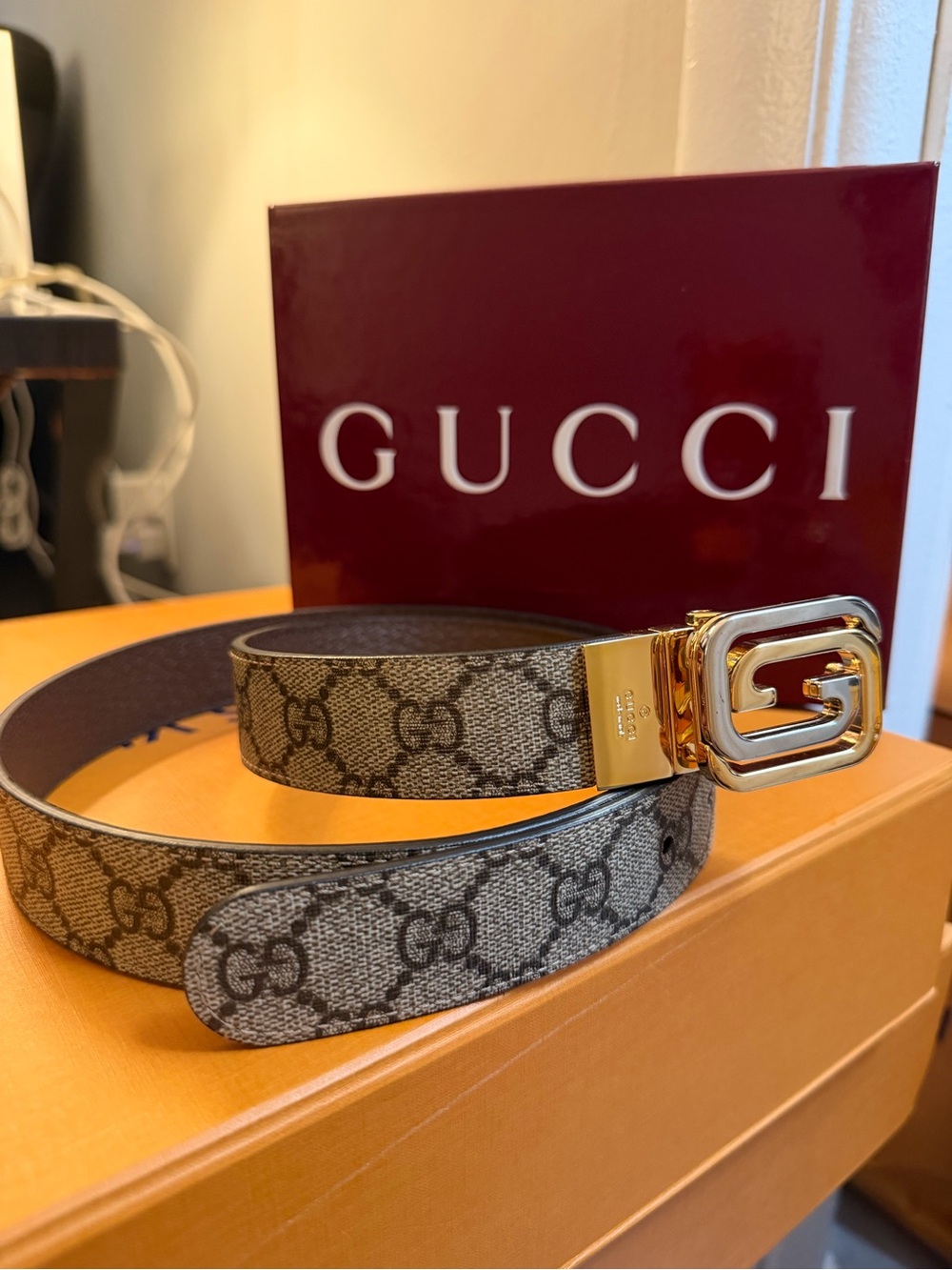 Gucci Beige GG Supreme Canvas Belt with Gold Double G Buckle